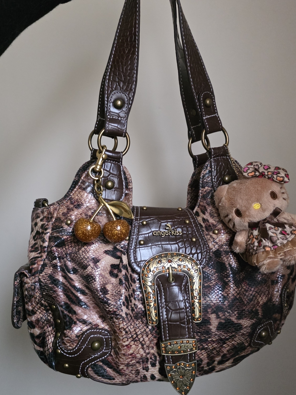 Angel Kiss Brown and Pink Animal Print Shoulder Bag with Gold Hardware